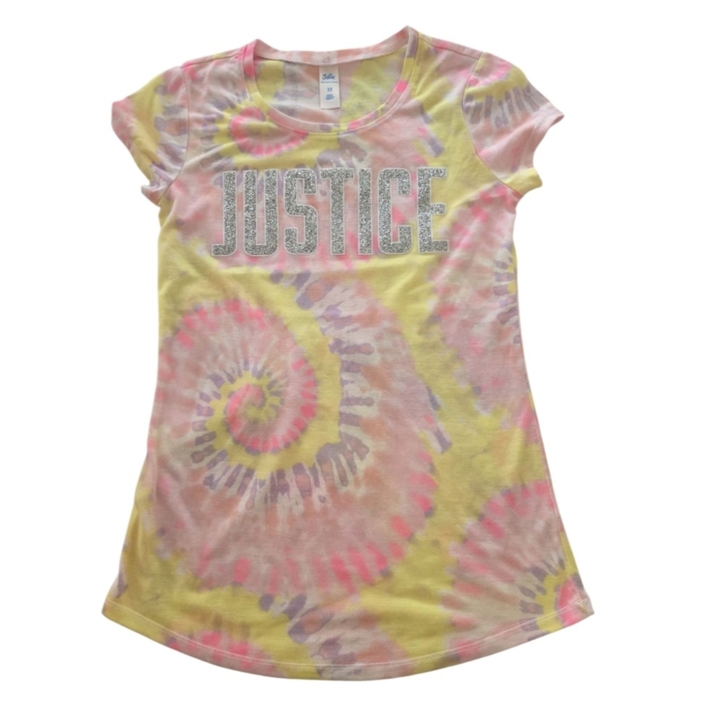 Justice Girls Spiral Tie-Dye Tee - Pink, Yellow, and Purple, Size 12